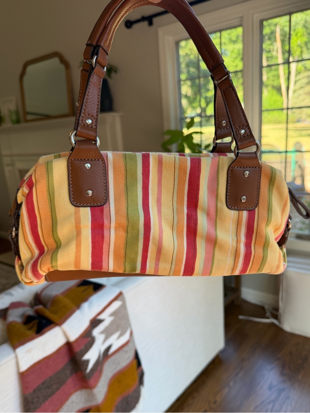 Vintage Relic Striped Multicolor Canvas Shoulder Bag with Brown Leather Handles